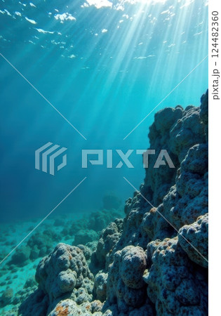 Sunbeams illuminating coral reef in deep blue ocean water 124482360