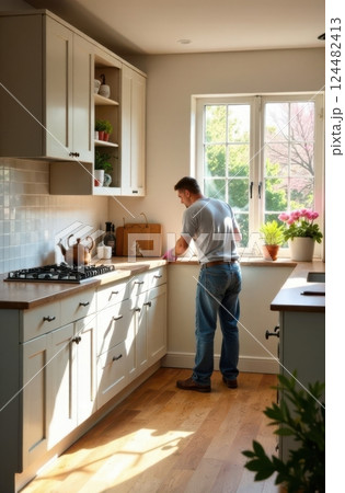 Housekeeper cleaning modern kitchen countertop in a sunny day 124482413
