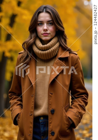 Fashion model posing with brown coat and turtleneck sweater in autumn park 124482427
