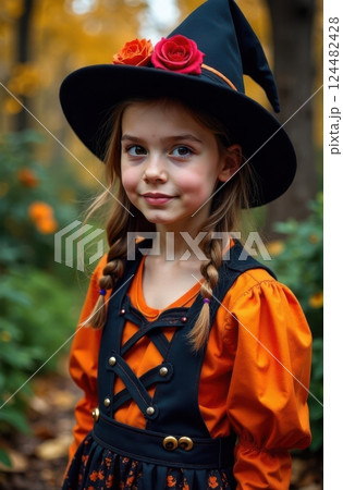 Smiling little witch wearing halloween costume in autumn forest 124482428