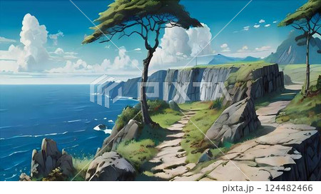 大きな木がある海辺の道風景 124482466