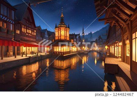 ゲーム背景　運河のあるヨーロッパ中世風の街並み風景 124482467