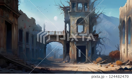 ゲーム背景　戦場となって滅ぼされた古代都市の街並み残る風景 124482470