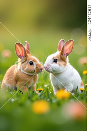 Two adorable baby bunnies meeting in green grass 124482612