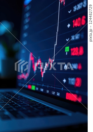 Stock market chart showing volatility on a laptop screen in a dark environment Stock market chart showing volatility on a laptop screen in a dark environment 124482729