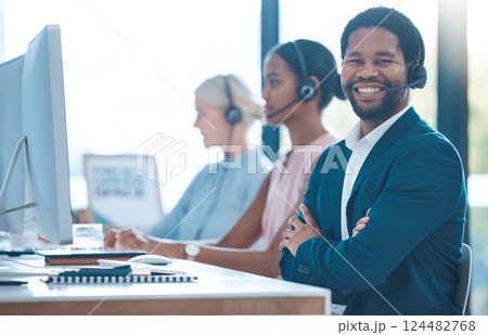 Call center, telemarketing and happy customer service consultant consulting, talking and helping in the office. Smile, telecom and African insurance sales agent working at a communications company 124482768
