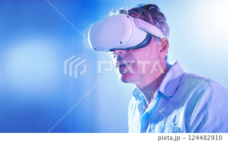 Virtual reality, vr metaverse or senior man with 3d goggles for virtual lights, cyber experience or augmented reality. Future, digital innovation or futuristic person with creative simulation tech 124482910