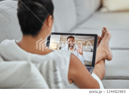 Video call, telehealth doctor with patient on laptop screen for virtual healthcare consultation, results communication and trust. Black man cardiology with woman zoom call for online medical advice 124482963