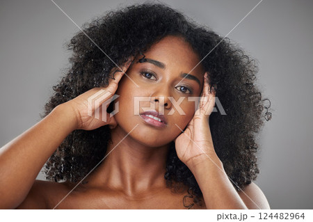 Black woman, hair and skin, beauty and natural makeup advertising, skincare and facial treatment portrait with studio background. Cosmetics, face and body care ad, clean and fresh with wellness glow. 124482964