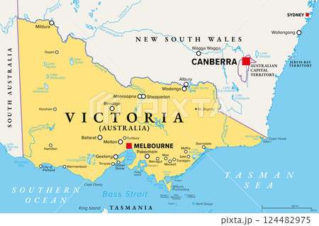 Victoria, state in southeastern Australia, political map. Commonly abbreviated Vic, 2nd-smallest and 2nd-most populated state, with capital Melbourne. Map with largest cities, rivers and lakes. Vector Victoria, state in southeastern Australia, political map. Commonly abbreviated Vic, 2nd-smallest and 2nd-most populated state, with capital Melbourne. Map with largest cities, rivers and lakes. Vector 124482975