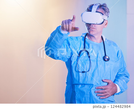 Medical vr, metaverse and doctor with glasses while consulting, working and planning 3d healthcare in neon room. Creative, futuristic and hospital surgeon with virtual reality technology for medicine 124482984