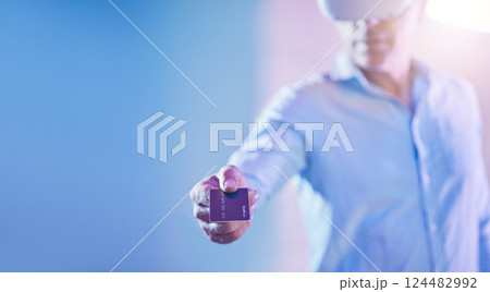 Virtual reality, credit card and man for financial innovation, digital payment and ai futuristic metaverse mock up marketing. VR glasses, 3d online shopping or banking software future finance person 124482992