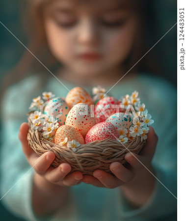 Dreamy close-up of a child holding a tiny basket filled with colorful eggs 124483051