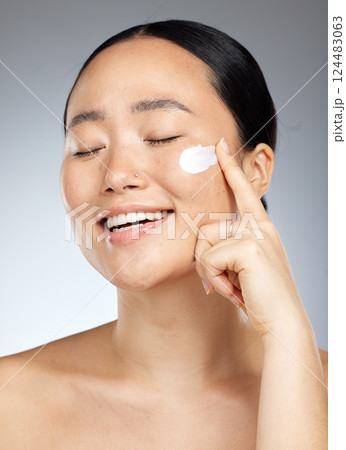 Portrait of woman in skincare, beauty and skin products with lotion on her face. Mockup up for natural beauty, cosmetic products and wellness cream. Facial model for skin, cleaning and moisturizing Portrait of woman in skincare, beauty and skin products with lotion on her face. Mockup up for natural beauty, cosmetic products and wellness cream. Facial model for skin, cleaning and moisturizing 124483063