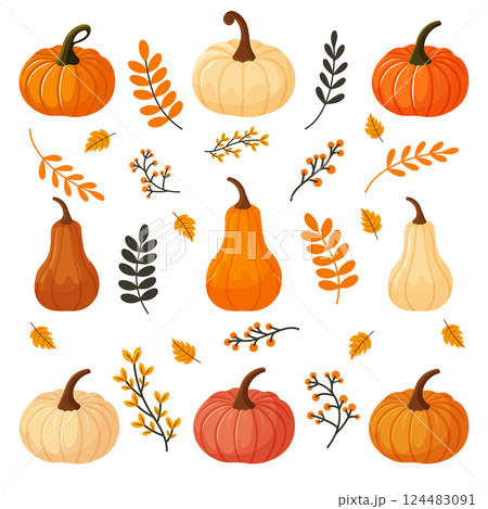 Autumn Set Pumpkins and Leaves Flat Hand Drawn Design Isolated on White Background 124483091