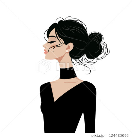 Beautiful Girl with Long Neck in Black Dress Isolated on White Background 124483093