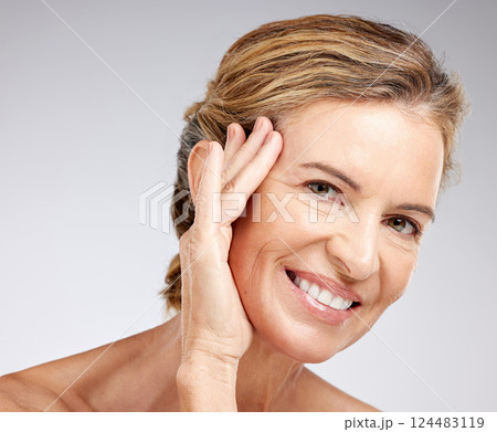 Beauty, skincare and senior with portrait of woman for wellness, health and natural makeup. Spa, facial and luxury with face of elderly model and smile for salon, botox and cosmetics product Beauty, skincare and senior with portrait of woman for wellness, health and natural makeup. Spa, facial and luxury with face of elderly model and smile for salon, botox and cosmetics product 124483119