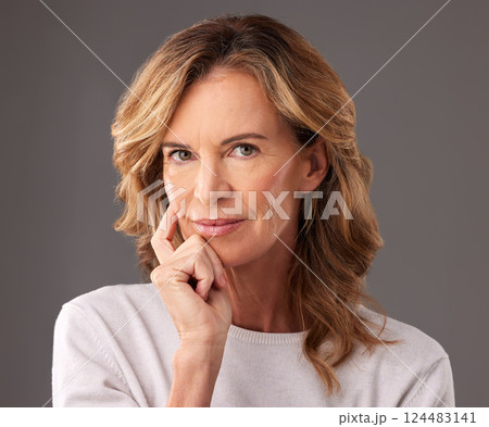 Beauty, fashion and skincare, mature woman with confidence and pride in studio portrait. Health, wellness and empowerment, senior lady thinking of idea, enjoying healthy lifestyle and body positivity Beauty, fashion and skincare, mature woman with confidence and pride in studio portrait. Health, wellness and empowerment, senior lady thinking of idea, enjoying healthy lifestyle and body positivity 124483141