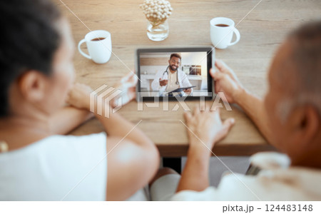 Couple, telehealth doctor and tablet video call, healthcare consulting and virtual service for medical support, trust and screen consulting. Senior people, digital advice and zoom call consultation 124483148