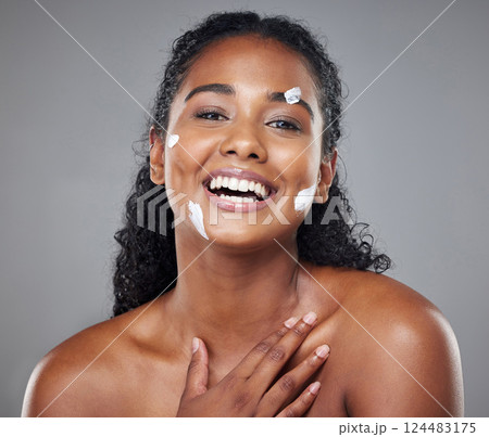 Beauty, skincare and facial with product on woman with face cream for health, wellness and luxury cosmetics. Sunscreen, happy and spa with portrait of girl for smile, salon and model with makeup Beauty, skincare and facial with product on woman with face cream for health, wellness and luxury cosmetics. Sunscreen, happy and spa with portrait of girl for smile, salon and model with makeup 124483175
