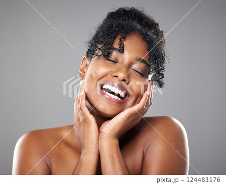 Beauty, skincare and hands on face of woman in studio for health, wellness ad grooming against studio, grey and mockup background. Skin, luxury and cleaning treatment with model after hygiene cleanse 124483176