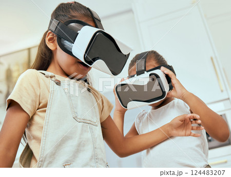 VR, gaming kids and cyber vision, metaverse and fantasy media for video games education, iot innovation and creative future. Excited children, virtual reality experience and ux futuristic technology VR, gaming kids and cyber vision, metaverse and fantasy media for video games education, iot innovation and creative future. Excited children, virtual reality experience and ux futuristic technology 124483207