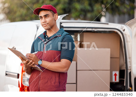 Logistics, supply chain and delivery driver with clipboard or paper outdoor with van, transport or car. Ecommerce, shipping and cargo worker check stock for export, courier and distribution service Logistics, supply chain and delivery driver with clipboard or paper outdoor with van, transport or car. Ecommerce, shipping and cargo worker check stock for export, courier and distribution service 124483340