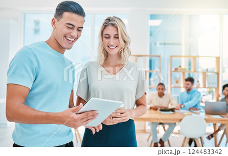 Business, digital tablet and meeting at the office of happy employee or workers with team working together in group. Teamwork, collaboration or diversity of creative people in a project communication 124483342
