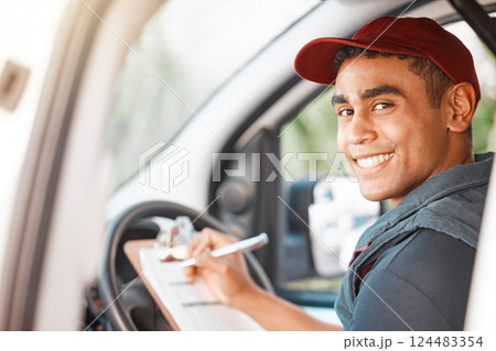 Logistics, delivery car and man with clipboard paperwork or checklist for stock, product distribution or shipping info. Supply chain industry, courier service and happy van or truck driver working 124483354