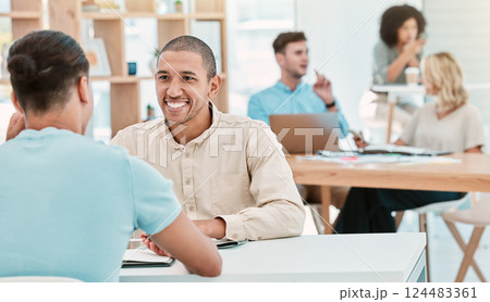 Planning, collaboration and business people meeting for startup project, brainstorming idea and teamwork in work office. Creative agency, marketing and advertising employee talking kpi goal strategy 124483361