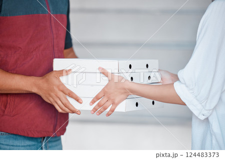 Pizza, delivery and courier with food for woman at her house. Hands of a supermarket, employee, worker or man giving boxes with fast food, grocery or lunch to a customer at the front door of her home Pizza, delivery and courier with food for woman at her house. Hands of a supermarket, employee, worker or man giving boxes with fast food, grocery or lunch to a customer at the front door of her home 124483373