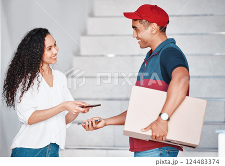Woman, delivery man and scanning phone with package at door of home. Logistics, ecommerce and fintech, courier service with happy woman customer making digital payment on smartphone for delivery box. Woman, delivery man and scanning phone with package at door of home. Logistics, ecommerce and fintech, courier service with happy woman customer making digital payment on smartphone for delivery box. 124483374