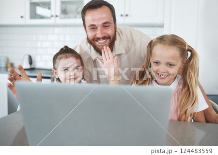 Laptop, video call and happy father with kids wave at digital device screen together in kitchen. Smiling children, talking and virtual cyber conversation communication during lockdown on digital pc 124483559