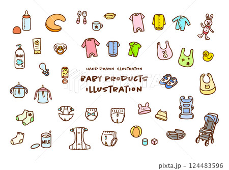 かわいい手描きのカラーベビー用品イラストセット 124483596