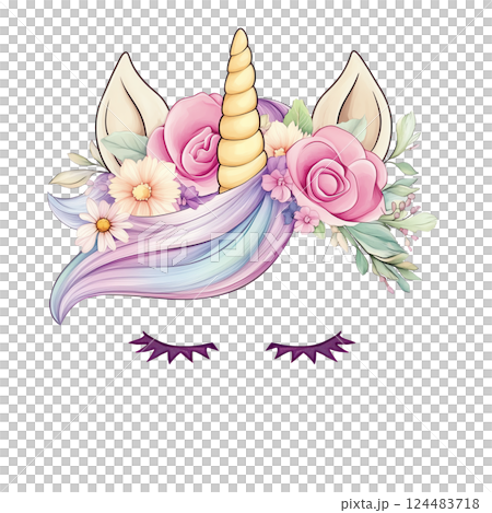 Cute Unicorn with Floral Crown and Closed Eyes Unicorn head with face. PNG t shirt kids design. This is AI-generated item 124483718