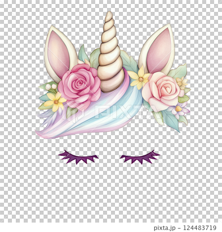 Cute Unicorn with Floral Crown and Closed Eyes Unicorn head with face. PNG t shirt kids design. This is AI-generated item 124483719