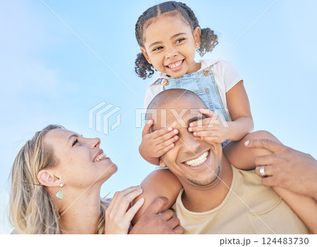 Blue sky, mom and girl on shoulders of dad in having fun outdoor in park, beach and nature. Summer, love and happy family playing with child on holiday, vacation and weekend and bonding together 124483730