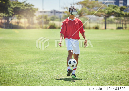 Soccer player man VR experience, innovation or digital cyber gaming on metaverse football field sports pitch. Fantasy football player, virtual reality and futuristic glasses, ai or high tech training 124483762