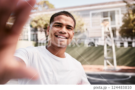 Sports, basketball player, and selfie on court with smile and pride for university scholarship for basketball. Fitness, health and a young black man with smile on basketball court taking photograph. Sports, basketball player, and selfie on court with smile and pride for university scholarship for basketball. Fitness, health and a young black man with smile on basketball court taking photograph. 124483810