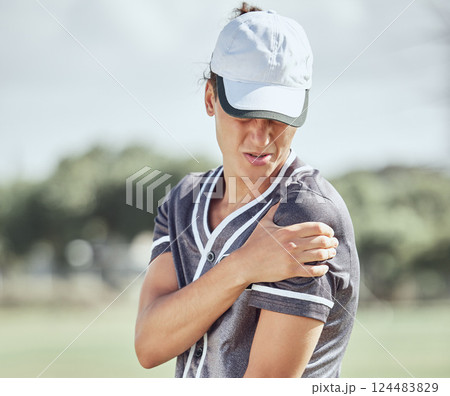 Athlete woman, arm injury and pain during fitness exercise or sports training outdoors on field. Young injured girl hold pain area, muscle tension or workout accident emergency on arms in nature 124483829