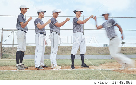 Baseball, fist bump and team support, sport and teamwork on baseball field, exercise and fitness outdoor. Men sports club, diversity and motivation, baseball player and athlete, training and motion. Baseball, fist bump and team support, sport and teamwork on baseball field, exercise and fitness outdoor. Men sports club, diversity and motivation, baseball player and athlete, training and motion. 124483863