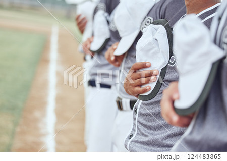 Baseball team, sports and national anthem to start event, competition games and motivation on stadium arena pitch. Closeup baseball players singing, patriotic group pride and respect for commitment Baseball team, sports and national anthem to start event, competition games and motivation on stadium arena pitch. Closeup baseball players singing, patriotic group pride and respect for commitment 124483865