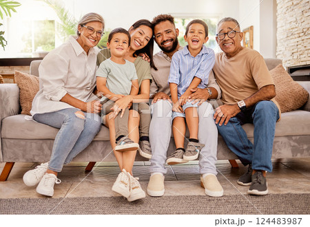Big family, children or bonding on sofa in house or home living room with senior grandparents, mother or father. Smile, happy or multi generation family of retirement elderly, men and women with kids Big family, children or bonding on sofa in house or home living room with senior grandparents, mother or father. Smile, happy or multi generation family of retirement elderly, men and women with kids 124483987