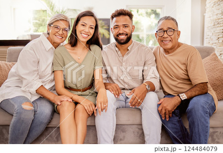 Happy family, portrait and relax on sofa happy, smile and bond in living room together. Senior couple, retirement and visit by man and woman enjoying quality time on the weekend with mature parents Happy family, portrait and relax on sofa happy, smile and bond in living room together. Senior couple, retirement and visit by man and woman enjoying quality time on the weekend with mature parents 124484079