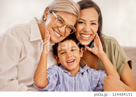 Happy, mother and grandmother portrait with child for family bonding together in happiness at home. Mama, grandma and little boy with smile for relationship, free time and relax on living room sofa 124484151