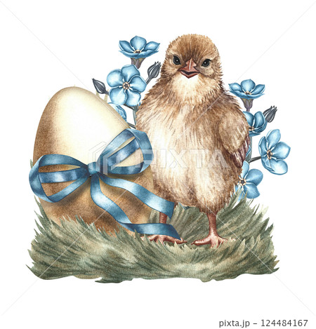 Easter composition with Cute chicken and decorated egg. A hand-drawn watercolor illustration. The isolate. For the design of greeting cards and invitations for Easter, packaging, labels and stickers. Easter composition with Cute chicken and decorated egg. A hand-drawn watercolor illustration. The isolate. For the design of greeting cards and invitations for Easter, packaging, labels and stickers. 124484167
