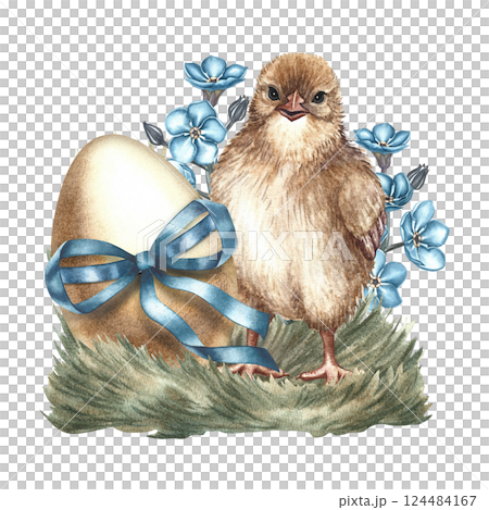 Easter composition with Cute chicken and decorated egg. A hand-drawn watercolor illustration. The isolate. For the design of greeting cards and invitations for Easter, packaging, labels and stickers. Easter composition with Cute chicken and decorated egg. A hand-drawn watercolor illustration. The isolate. For the design of greeting cards and invitations for Easter, packaging, labels and stickers. 124484167
