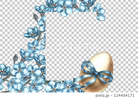 A frame of forget-me-nots and Easter eggs. A hand-drawn watercolor illustration. Blue floral pattern. For greeting cards and Easter invitations. For packaging, labels and posters. 124484171