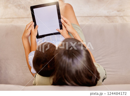 Mother, tablet and child screen, mockup and social media on a sofa from above in home. Marketing, advertising or product placement on technology with woman and boy watching movie subscription online 124484172