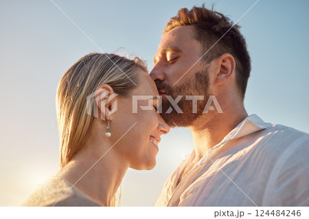 Kiss, smile and couple in nature during summer for a holiday, travel and peace in Portugal. Happy, calm and young man and woman with affection, support and love on a vacation in a park together Kiss, smile and couple in nature during summer for a holiday, travel and peace in Portugal. Happy, calm and young man and woman with affection, support and love on a vacation in a park together 124484246